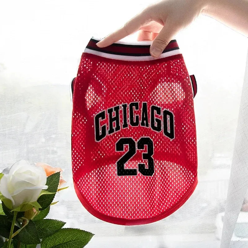 A red dog sports jersey with black lettering and the number 23 is being held by a hand.