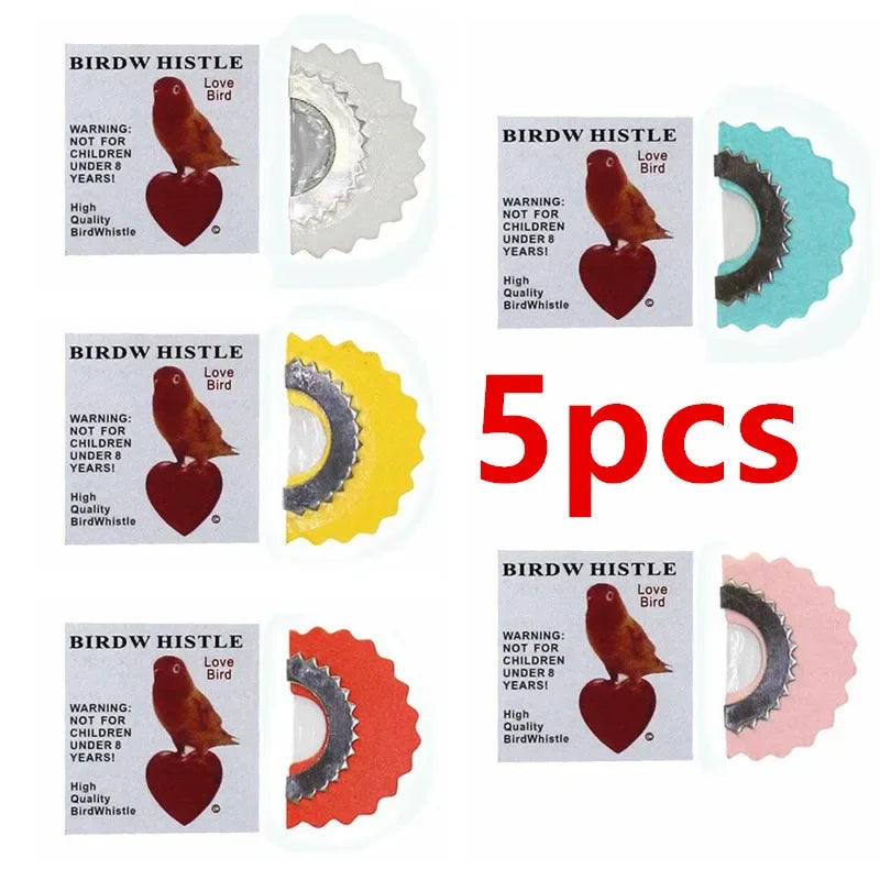 Five packs of bird whistles in various colors and designs for realistic sound effects.