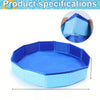 A blue foldable pet pool or bathing tub is shown with a close-up view of its interior.
