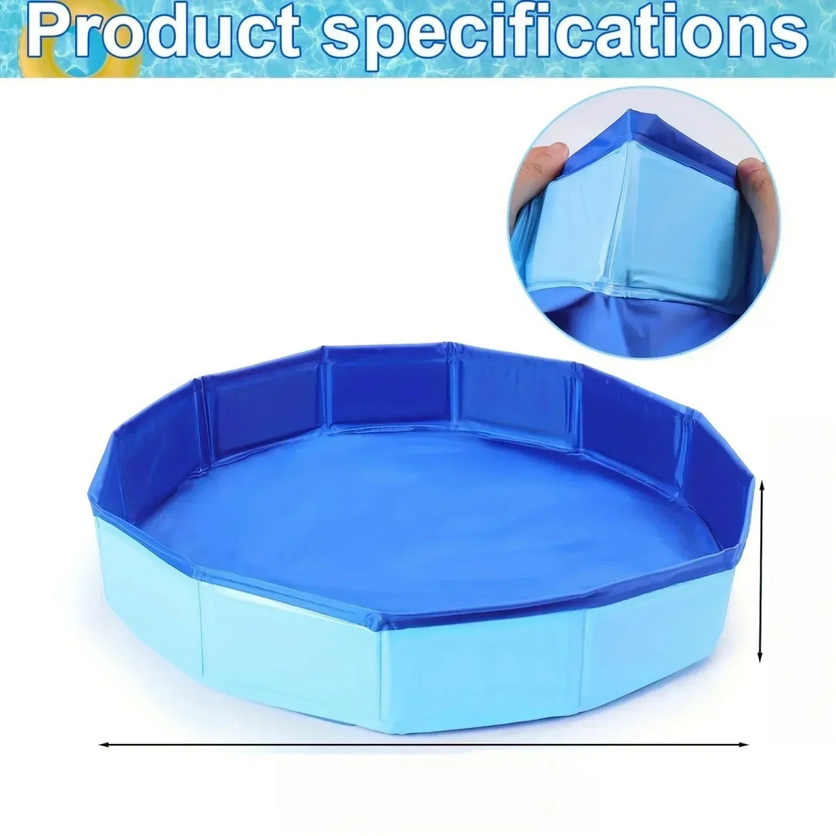 A blue foldable pet pool or bathing tub is shown with a close-up view of its interior.