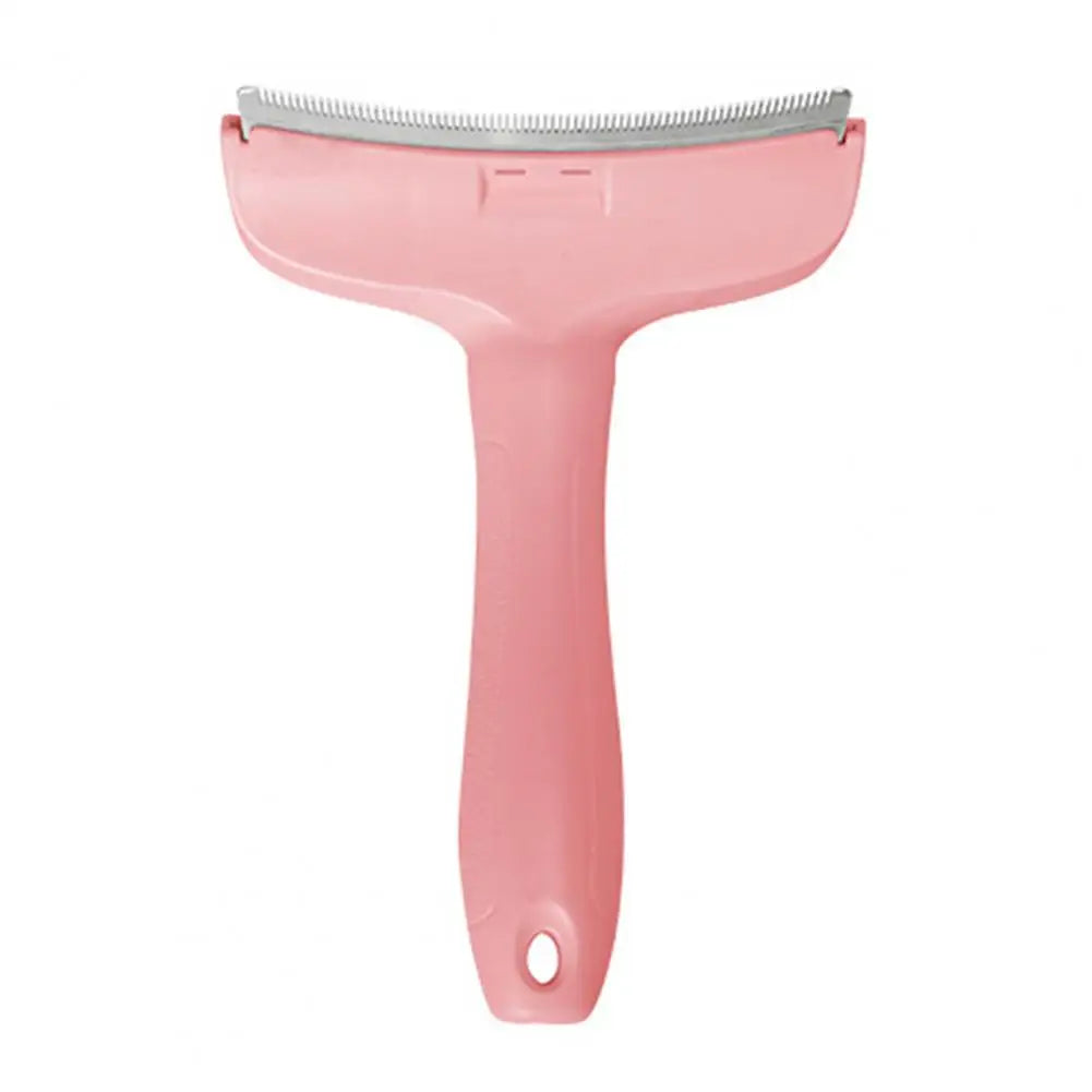 A pink pet slicker brush tool with a metal comb for deshedding dogs and cats.