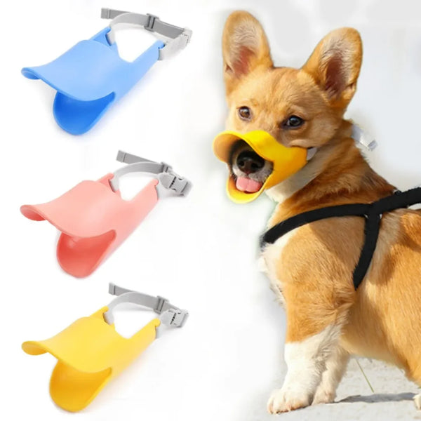 Three silicone duckbill dog muzzles in blue, pink, and yellow shown next to a dog.