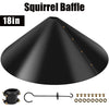 A black 18-inch squirrel baffle guard with mounting hardware shown in a top-down view.
