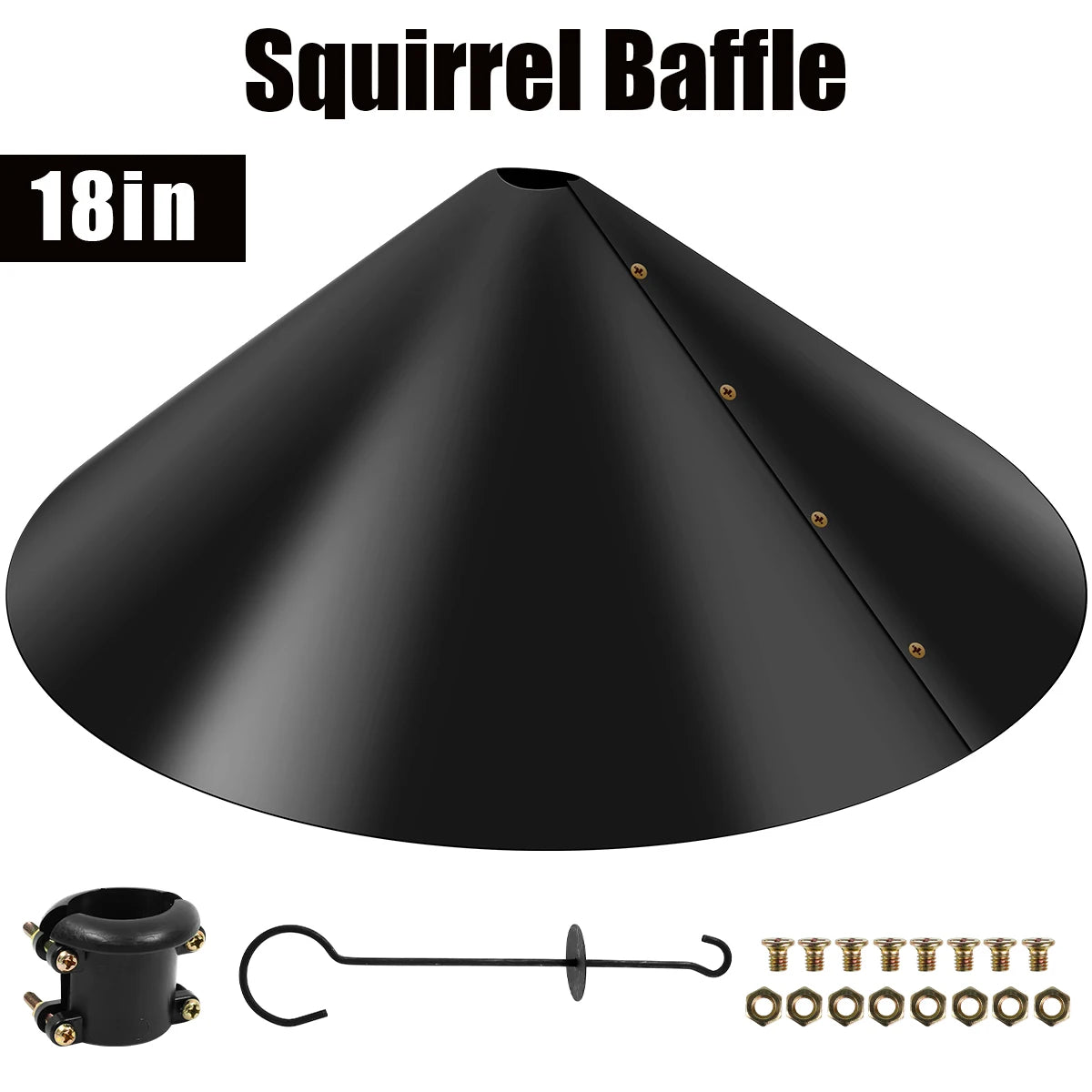 A black 18-inch squirrel baffle guard with mounting hardware shown in a top-down view.