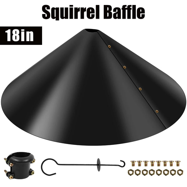 A black 18-inch squirrel baffle guard with mounting hardware shown in a top-down view.