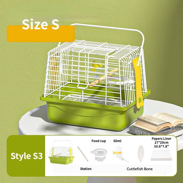 A green portable bird carrier bag with a wire cage and food cup is shown on a white surface.