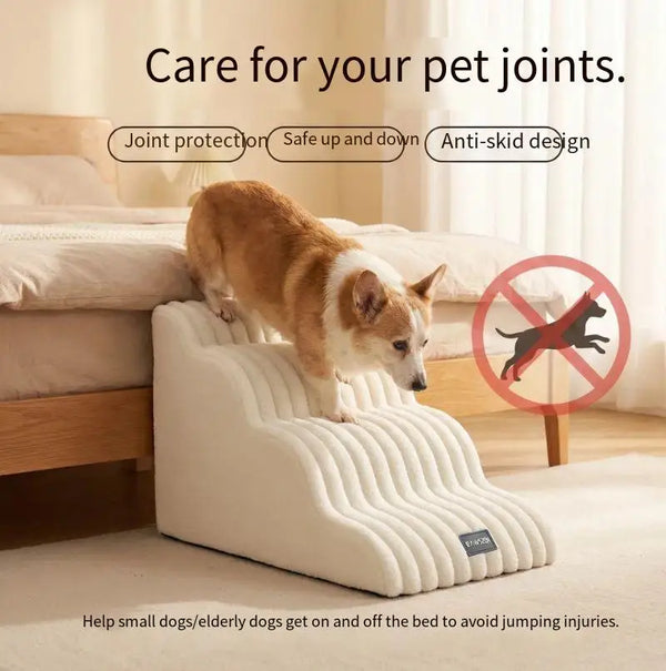 White pet safety climbing stairs designed to help small or elderly dogs safely get on and off a bed.