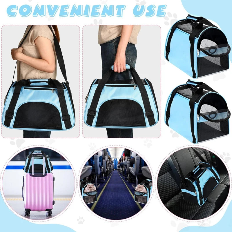 Portable foldable pet carrier for cats and dogs shown in various uses including a backpack and a stroller.