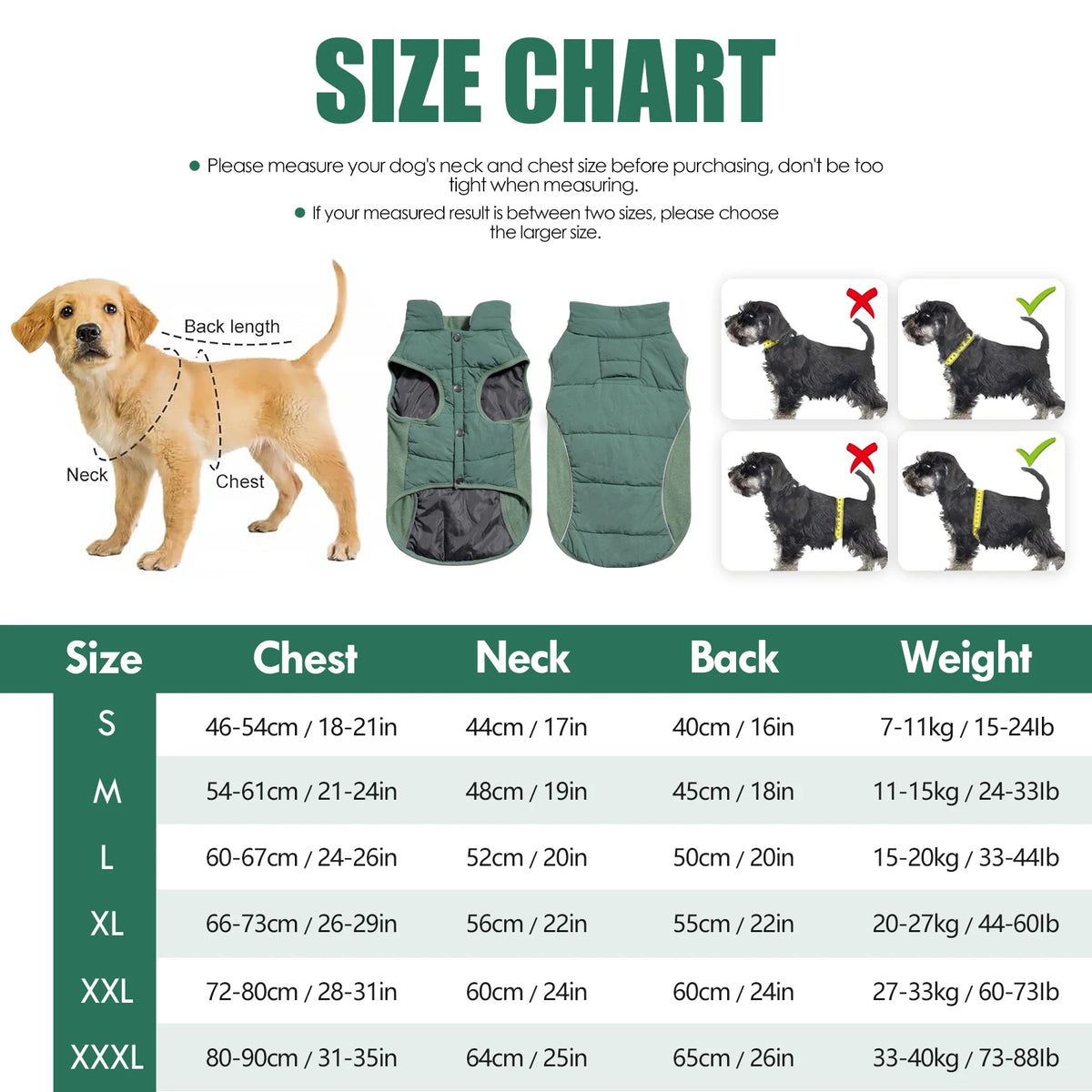Size chart for a waterproof reflective dog coat with fleece lining showing measurements for sizes S through XXXL