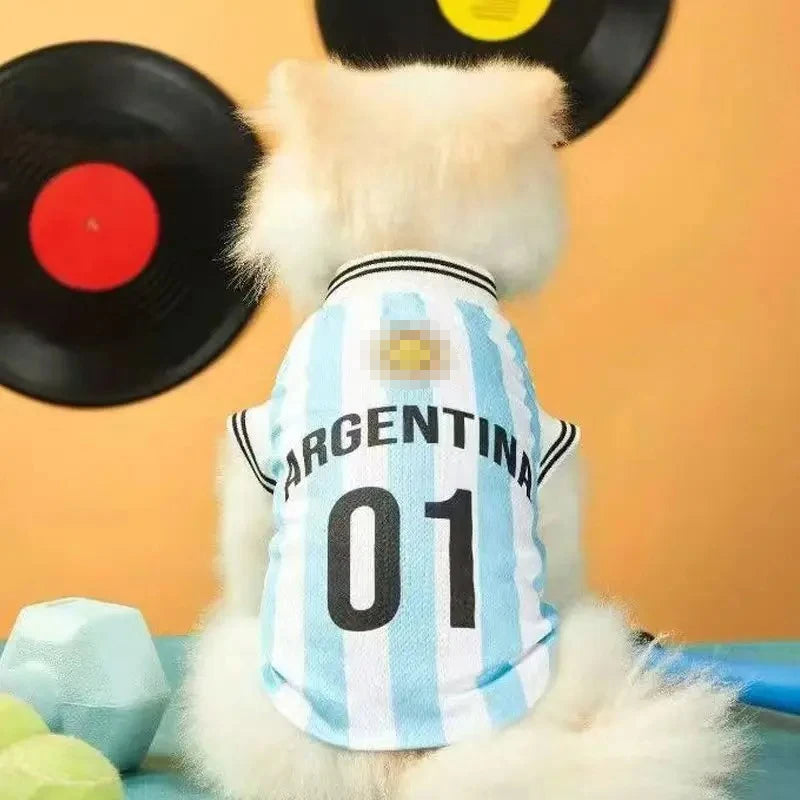 A white dog plush wearing a light blue and white striped Argentina sports jersey with the number 01.