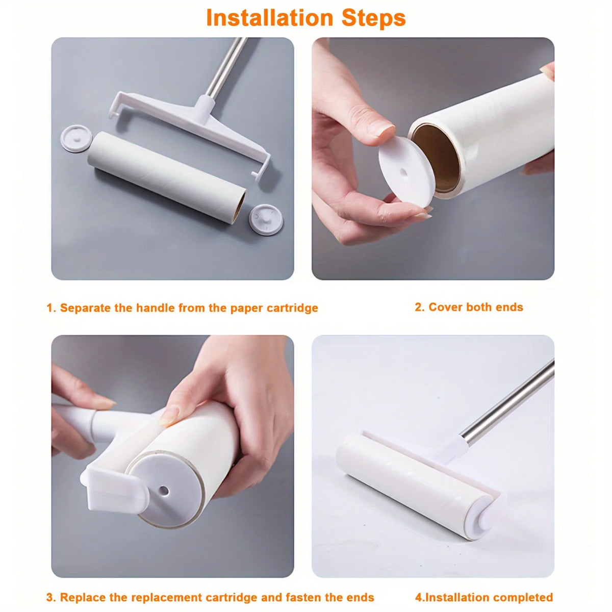 Installation steps showing how to separate, cover, replace the cartridge, and complete the installation of a lint roller mop.