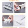 Installation steps showing how to separate, cover, replace the cartridge, and complete the installation of a lint roller mop.