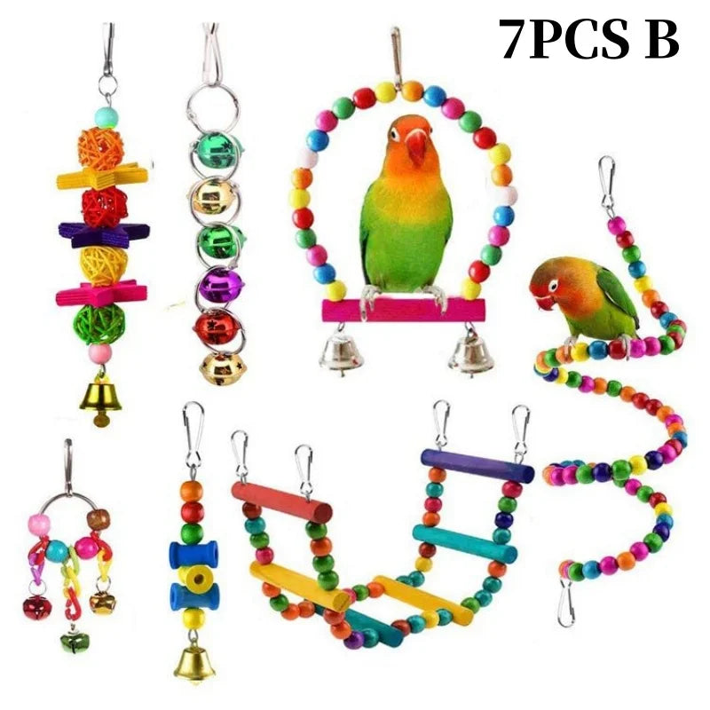 Seven pieces of natural wooden swing and chewing toys for parrots in various colors
