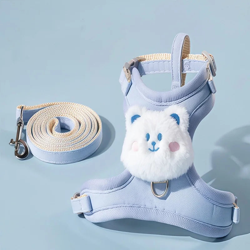 Light blue cute animal walking harness and leash set with a white bear head