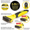 A yellow and black two-sided pet grooming brush with numerous teeth for de-shedding mats.
