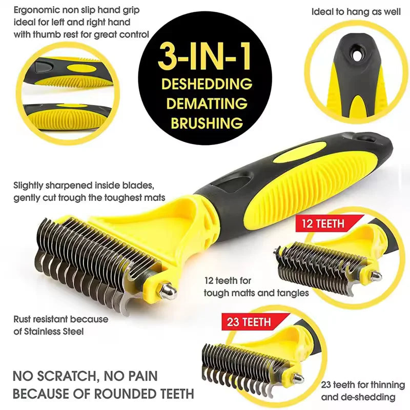 A yellow and black two-sided pet grooming brush with numerous teeth for de-shedding mats.