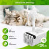 A white replacement pump for a cat water fountain is shown next to a sleeping cat, highlighting its waterproof and low-consum