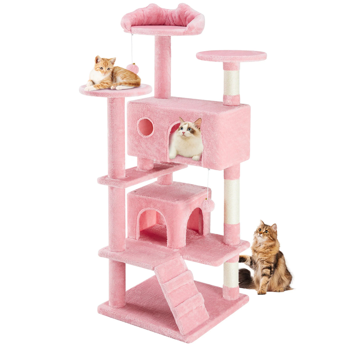 A pink 4-tier cat tree tower with condos and sisal scratching posts, featuring two cats.