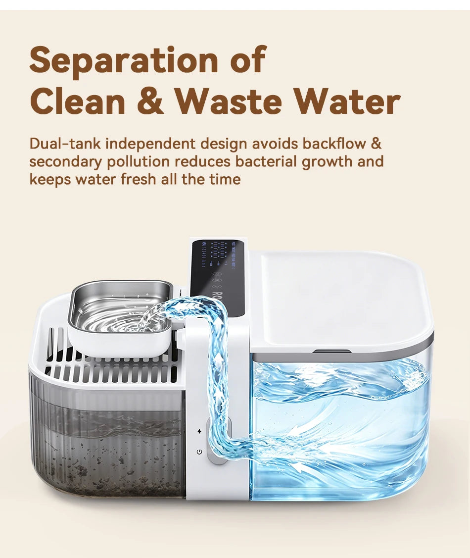 A white pet water fountain with a dual-tank design is shown actively flowing clean water.