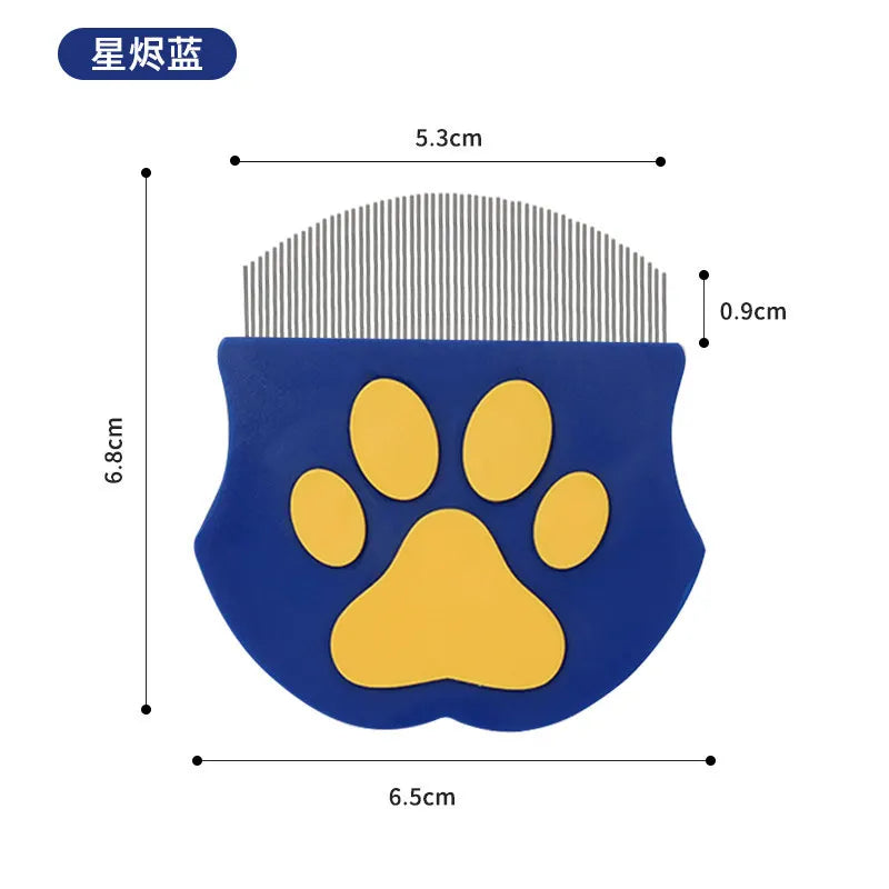 A blue pet grooming comb with a yellow paw shape and a bristled section, shown from above.