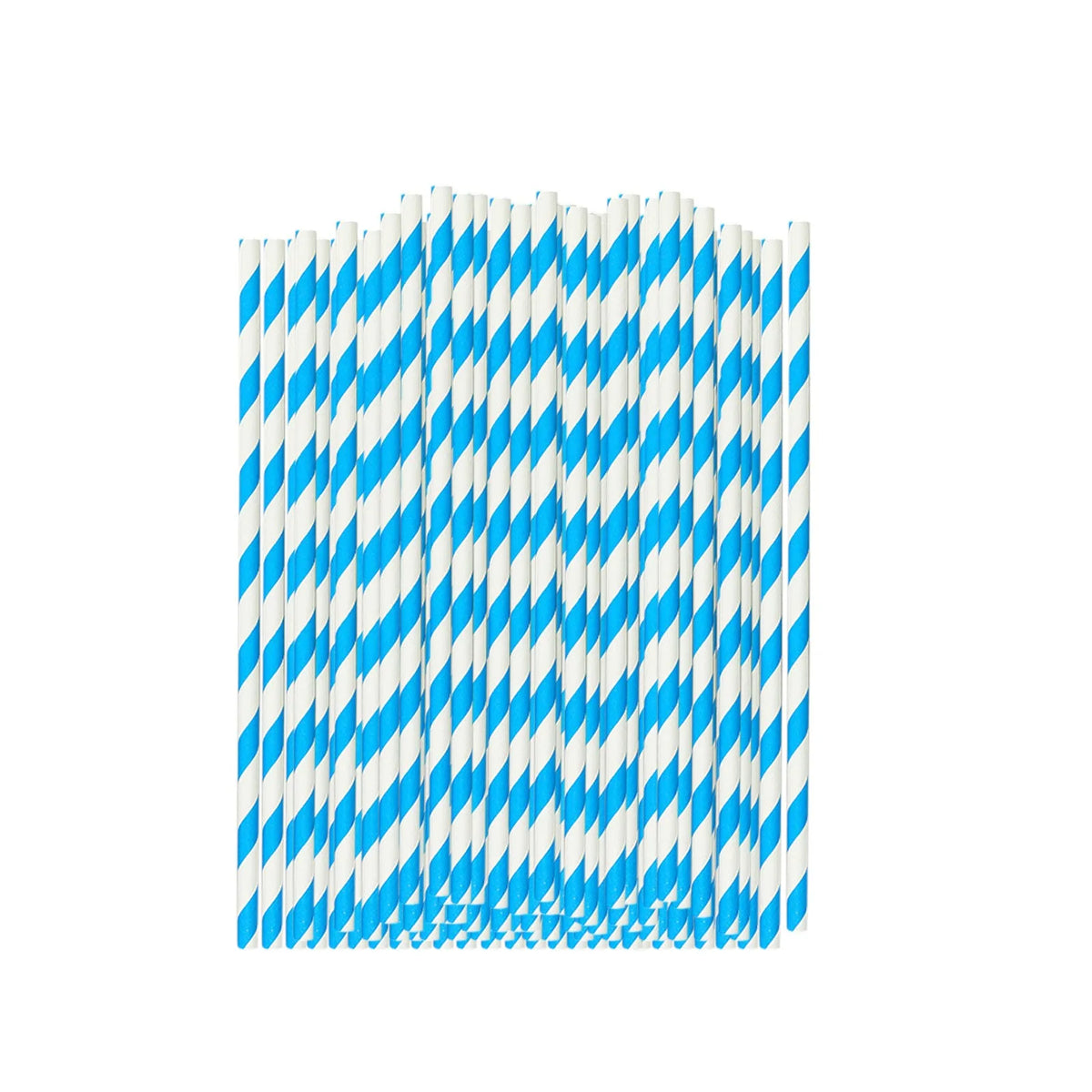 A pack of 100 white and blue striped biodegradable paper straws standing upright.