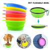 A stack of colorful, foldable silicone pet bowls in various shades of green, yellow, and pink, shown alongside usage examples