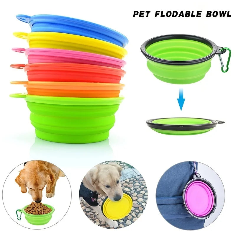 A stack of colorful, foldable silicone pet bowls in various shades of green, yellow, and pink, shown alongside usage examples