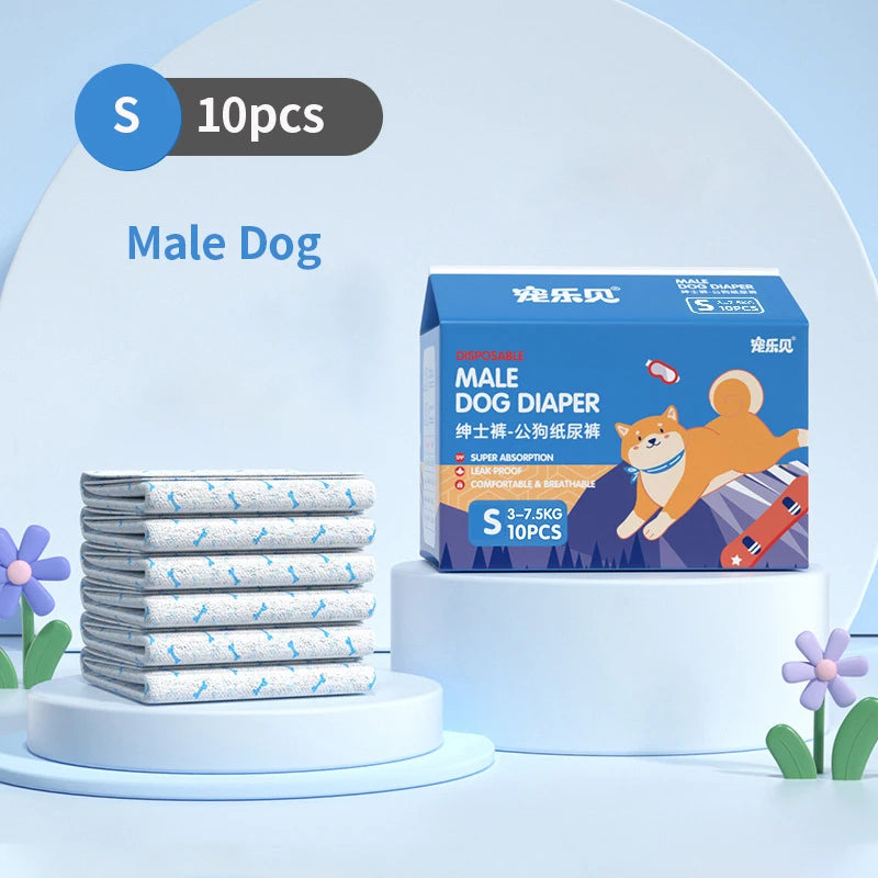 Eine Box mit 10 Einweg-Hundwindeln für Männchen wird auf einem weißen Ständer mit umgebenden Blumen präsentiert.