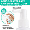 A white long sprayer bottle of pet oral freshening spray is shown with a hand demonstrating its 360 degree flexible spraying 