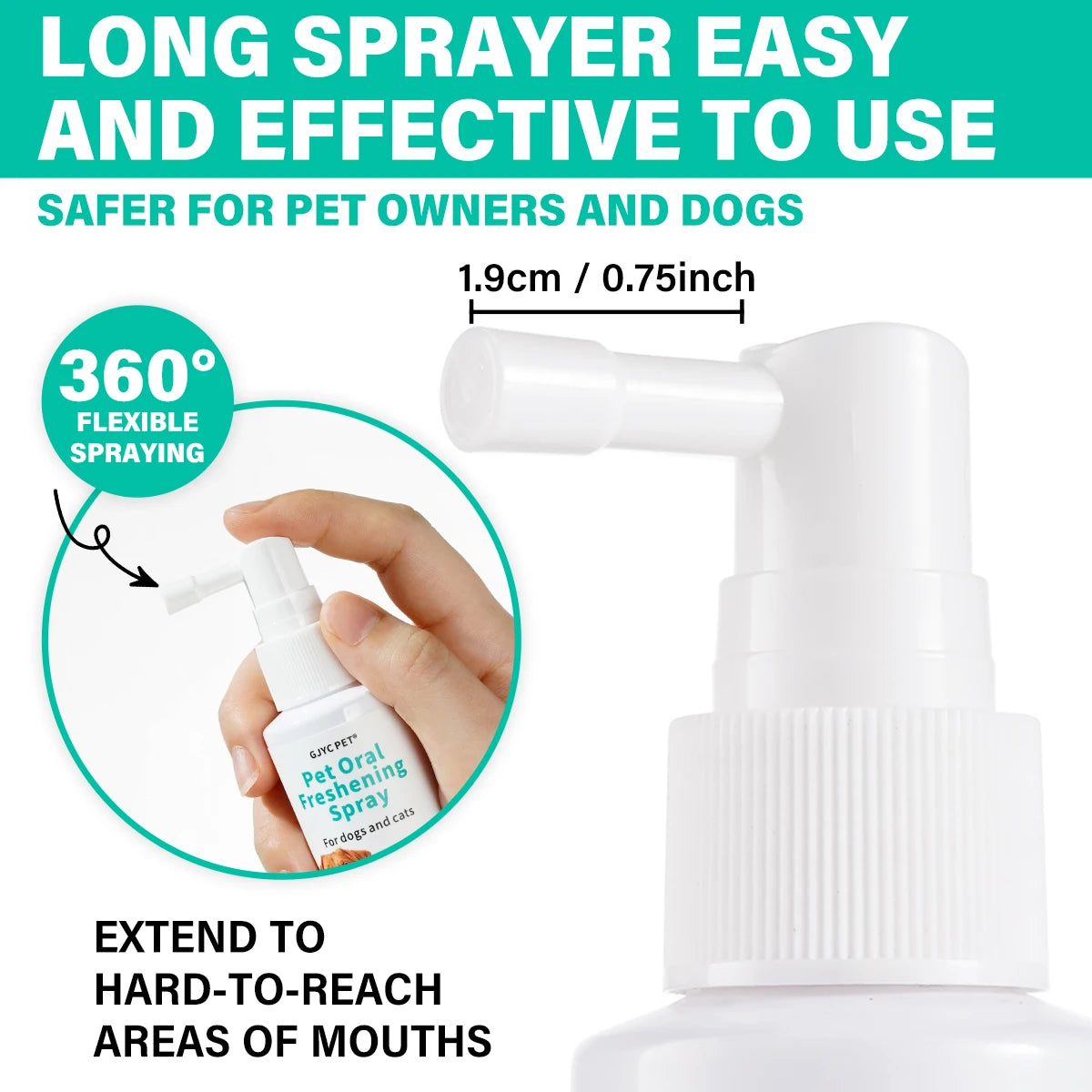 A white long sprayer bottle of pet oral freshening spray is shown with a hand demonstrating its 360 degree flexible spraying 