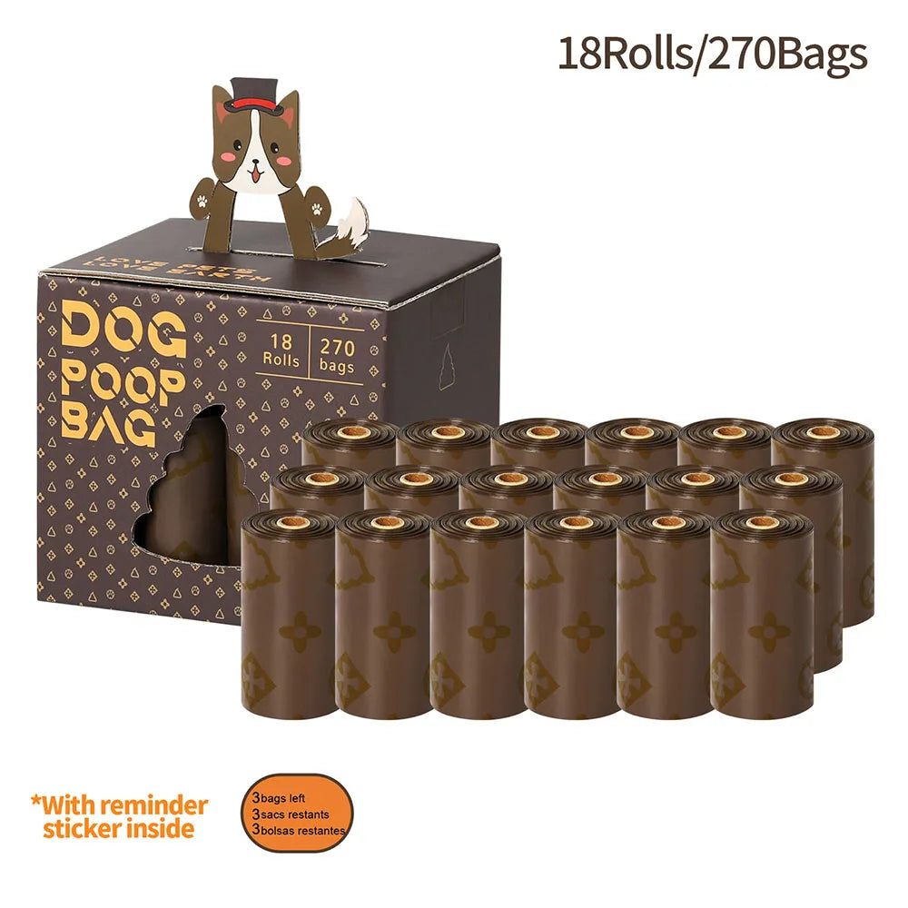 A box of 18 rolls and 270 bags of biodegradable scented dog poop bags with a cat-themed mascot.