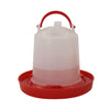 A red automatic chicken feeder and waterer combo set with a clear plastic dome.