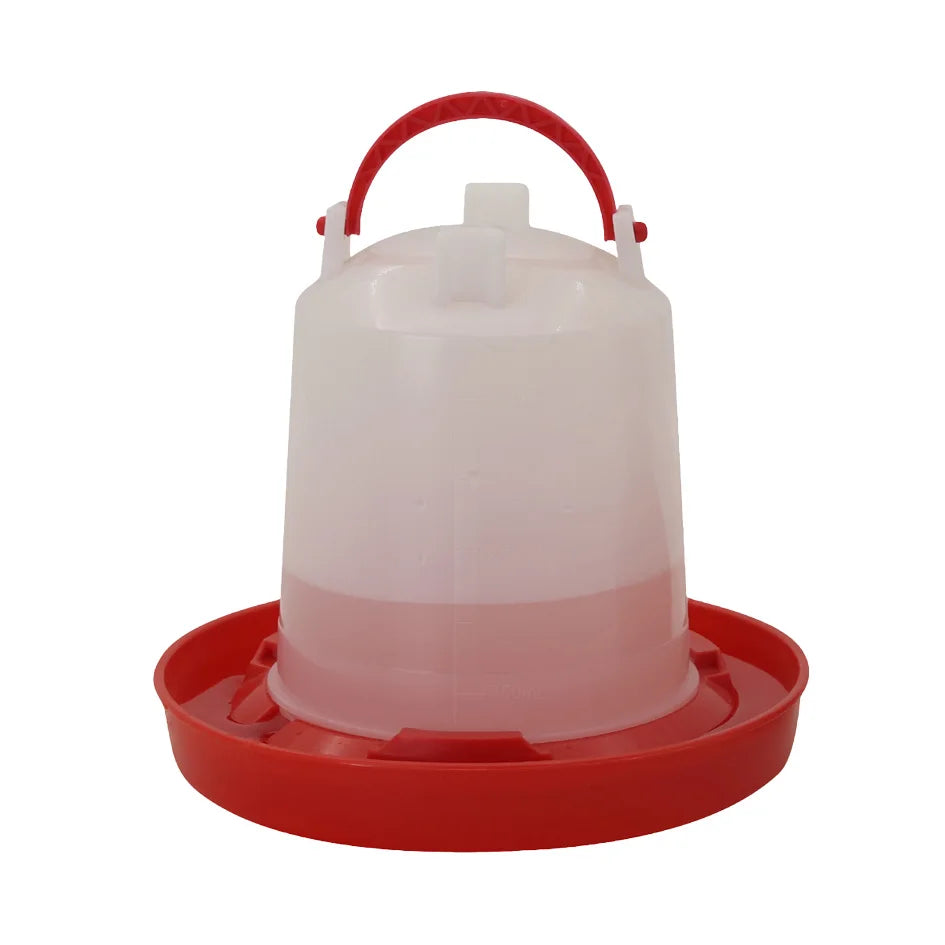 A red automatic chicken feeder and waterer combo set with a clear plastic dome.