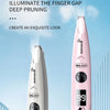 A pink cordless pet grooming trimmer with an LED light display is shown against a light blue background.