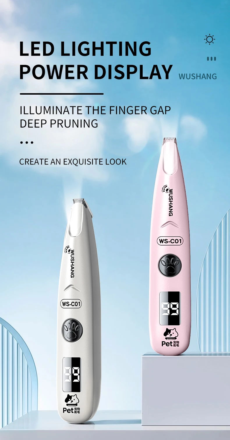 A pink cordless pet grooming trimmer with an LED light display is shown against a light blue background.