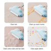 Light blue cloud-shaped lint roller refill cleaning various debris like hair, crumbs, cotton balls, and paper scraps.