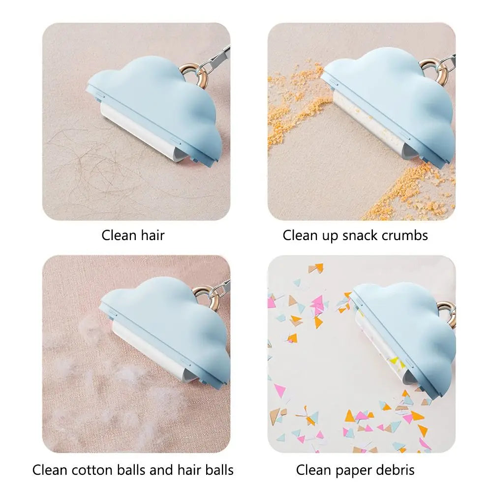 Light blue cloud-shaped lint roller refill cleaning various debris like hair, crumbs, cotton balls, and paper scraps.