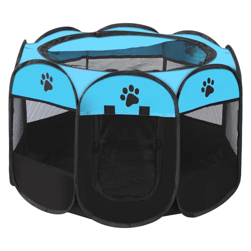 A folding octagonal pet cage for dogs with blue and black mesh panels.