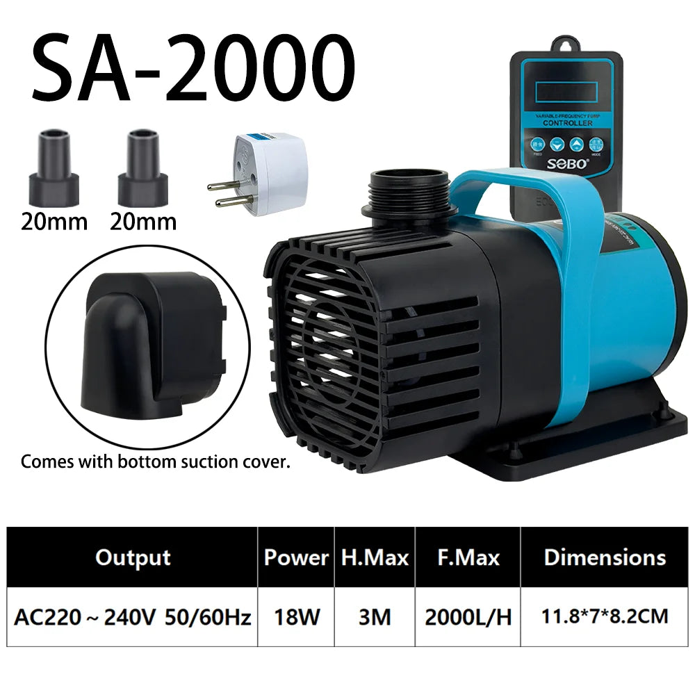 SA-2000 submersible water pump with a controller and suction cover shown on a black base.