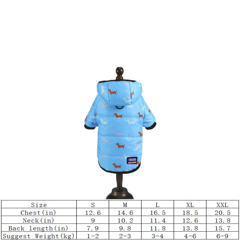 Abrigo térmico azul claro y acogedor con capucha para perros y gatos con diseño estampado