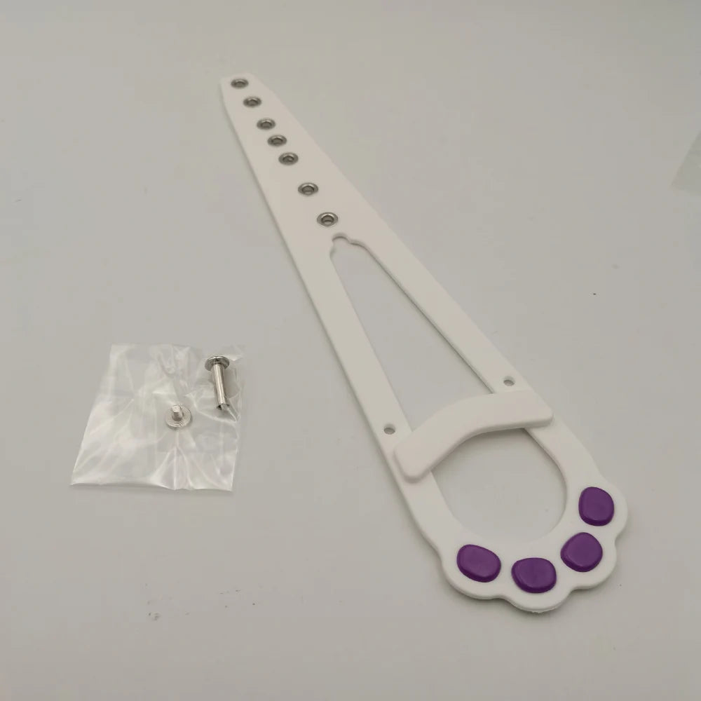 A white adjustable cat door latch with a stabilizer and purple silicone pads for securing the door.