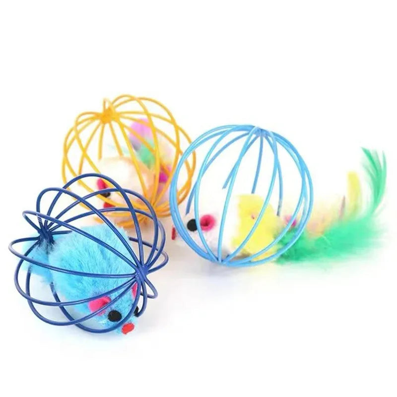 Colorful interactive cat toy featuring a rolling mouse and sand chamber in various bright colors.