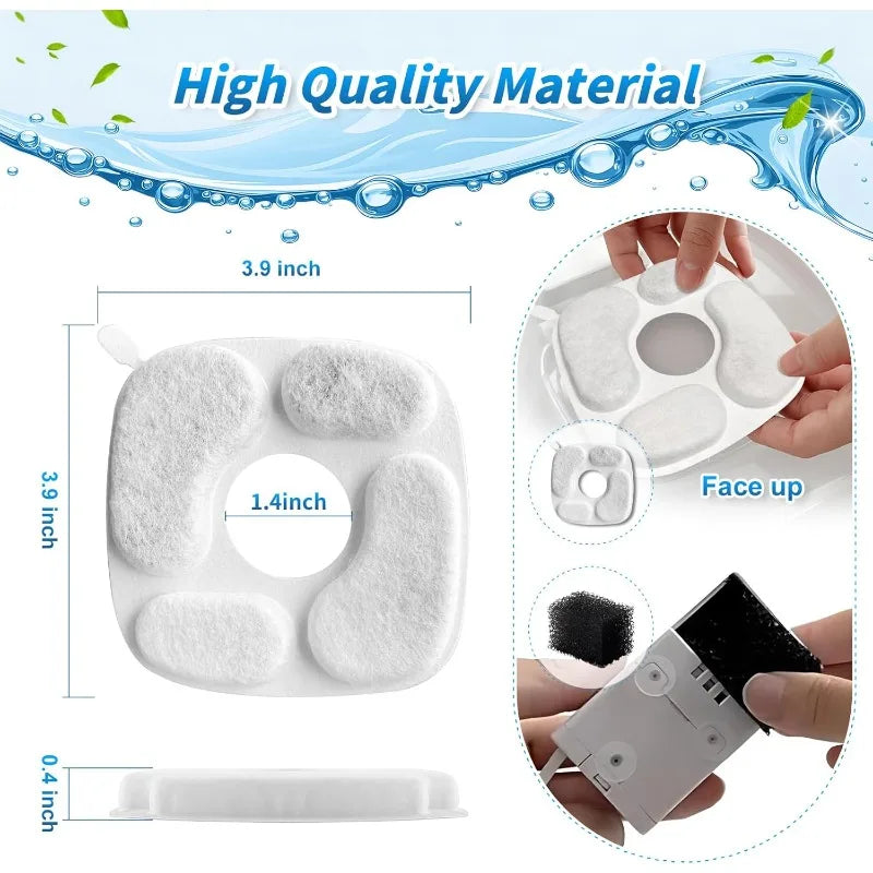 A set of white sponge replacement filters for a cat fountain, shown with various sizes and dimensions.