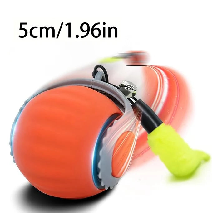 An orange electric cat ball toy with a yellow grip is shown against a white background.