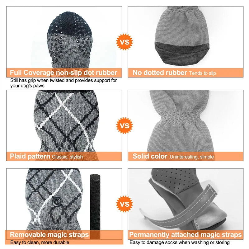 Comparison of non-slip dog traction socks and dotted rubber socks, highlighting features like coverage, pattern, and strap at