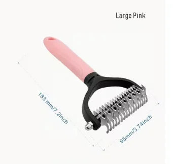 Large pink stainless steel pet grooming comb with a black handle and teeth
