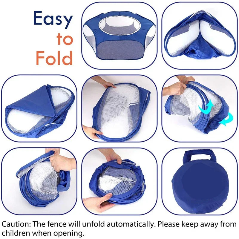Cage portable pliable pour animaux de compagnie (chats et petits chiens), en tissu bleu.