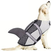 A light-colored dog wearing a gray swimming life jacket designed for medium to large breeds.