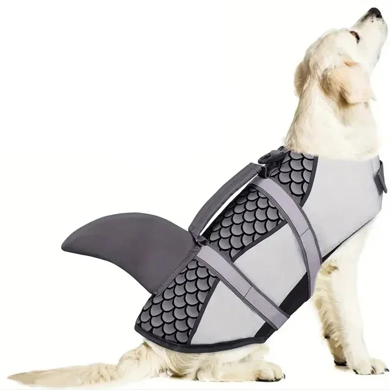 A light-colored dog wearing a gray swimming life jacket designed for medium to large breeds.