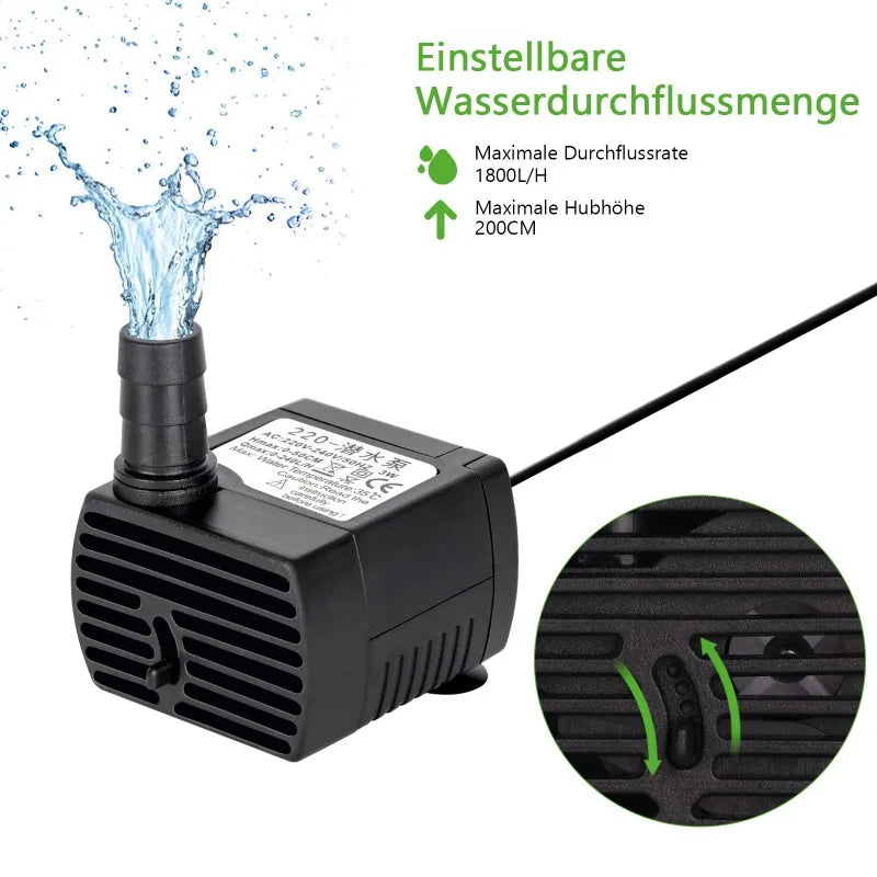 Black submersible water pump with a power cord and specifications for flow rate and height